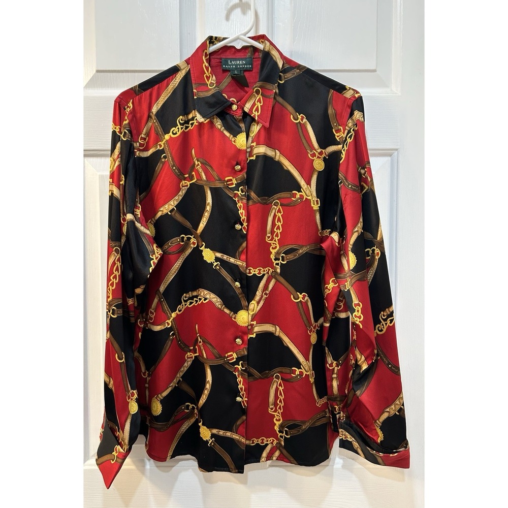 Vtg Lauren Ralph Lauren Silk Equestrian Blouse Sz L Bit Bridle Gold Button Down